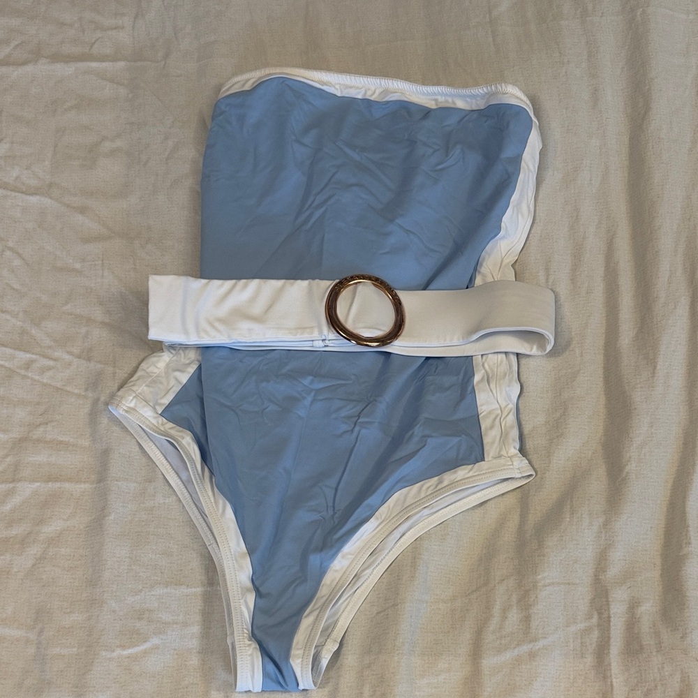 Elegant Blue and White One-Piece Swimsuit